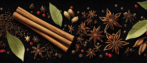 Abstract wallpaper illustration of Christmas spices like cinnamon sticks, star anise, and cloves,