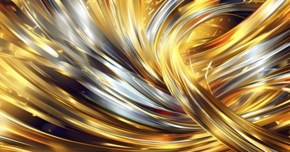 Abstract Illustration of energetic and dynamic swirl of gold, silver, and deep orange hues,