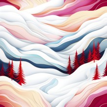 Christmas-themed abstract landscape with fluid, flowing lines representing snow-covered hills and