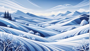 Abstract winter landscape illustration using cool blues and whites with swirling patterns and