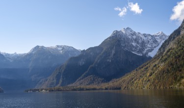 Königssee with Watzmann massif, autumnal mountain landscape, Berchtesgaden National Park,