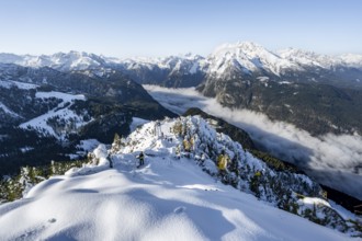 Snow-covered summit of the Jenner with viewing platform in autumn, view of the sea of clouds and