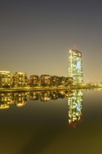 European Central Bank, ECB, at dusk, blue hour, harbour park, Frankfurt am Main, Hesse, Germany,