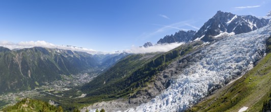 Panorama, mountain landscape with glacier Glacier des Bossons and summit of the Aiguille du Midi,