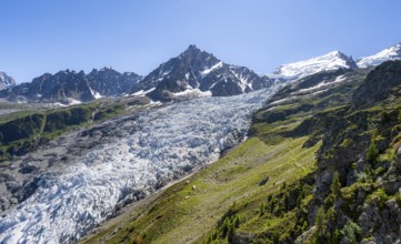 Mountain landscape with glacier Glacier des Bossons and summit of the Aiguille du Midi, Chamonix,