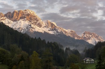 Mountain peak Berchtesgadener Hochthron at sunrise, mountain landscape with snow in autumn,