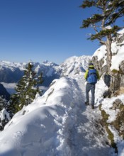 Mountaineers on the way to the Jenner summit with snow, snowy mountain panorama with Watzmann