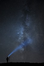 Photographer with tripod and headlamp light in a meadow with starry sky, Mindelheim, Unterallgäu,