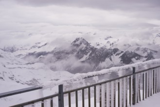 Onset of winter in May, panorama from the summit station of the Nebelhorn, 2224m, to Höfats, 2259m,