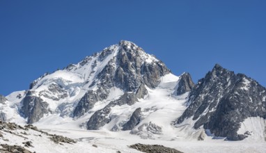 High alpine mountain landscape, Glacier du Tour, glacier and mountain peak, summit of the Aiguille