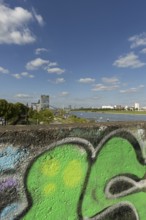 Panorama from the graffiti painted south bridge over the southern Rheinau harbour, the Rhine and