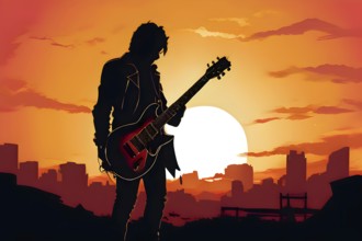 Illustration of a rock star silhouette clutching guitar against abstract urban skyline morphing