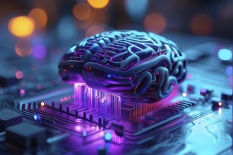 Human brain intricately interlinked with the circuits of a computer board symbolizing artificial