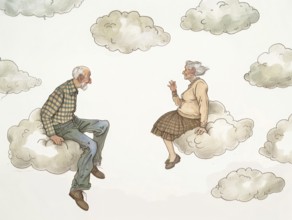 A caricature, illustration of an elderly couple sitting on clouds, cheerful idea of the afterlife,