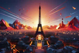 Olympic games depicted through vibrant dynamic lines and color splashes with the Eifeltower, AI