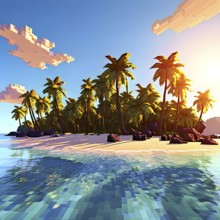 Pixel art illustration of a tropical island paradise with palm trees and sandy beach, AI generated