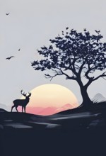 Abstract minimalist spring scene with a single, sharp silhouette of a deer and of a blooming tree,