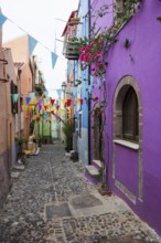 Picturesque alley and colourful houses, Bosa, district of Oristano, Sardinia, Italy, Europe