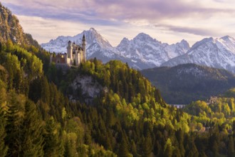 Neuschwanstein Castle near Füssen, Hohenschwangau Castle, evening mood, Schwangau, Allgäu Alps,