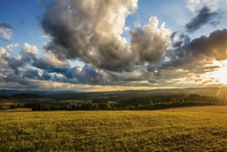 View of the Rhine Valley, with the Jura and the Swiss Alps in the background, sunset, near