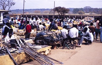 Metal goods on display at a market, Lilongwe, Malawi, Southern Africa 1989, Africa