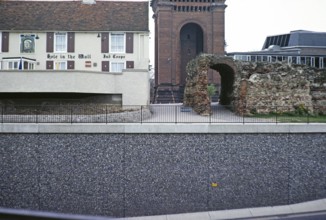 Modern road subway, Hole in the Wall pub, Roman wall, Jumbo water tower, Colchester, Essex,