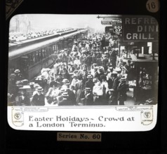 Easter holiday crowd at a London railway station, Walter Tyler Ltd. magic lantern around 1910