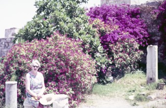 Woman sitting by flowering bougainvillea plants, Kos, Greece 1970s