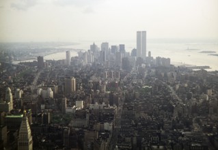 City view of skyscrapers including the Twin Towers, Manhattan, New York, USA in 1976