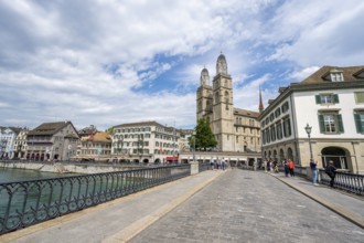 Münsterbrücke and Grossmünster, historic bridge over the Limmat, Old Town, Zurich, Switzerland,