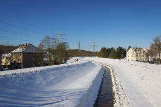 Bochum, North Rhine-Westphalia, Germany - Sunny winter landscape in the Ruhr area, ice and snow on