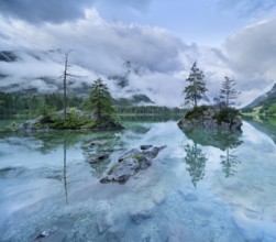 At the Hintersee, low-hanging clouds cover the mountains, Berchtesgaden National Park, Bavaria,