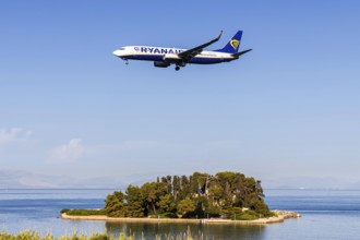 A Ryanair Boeing 737-800 aircraft with registration EI-DYC at Corfu Airport, Greece, Europe