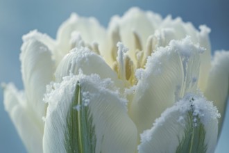 Close up of white tulip spring flower covered in snow. Generative AI, AI generated