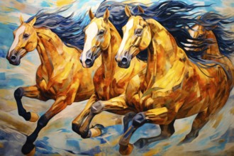 Group of colorful galloping horses in painting style, AI generated