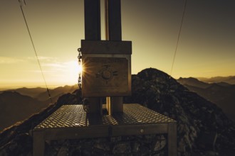 Summit cross, sunrise hiking tour on the Säuling in the Allgäu in Bavaria, Germany, Europe