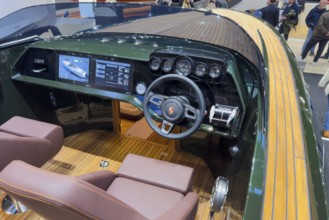 View of steering position cockpit with Porsche steering wheel as in 911 instrument panel display of