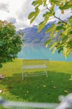 Lonely bench with a view of a lake and mountains, surrounded by autumn trees, Lake Brienz,