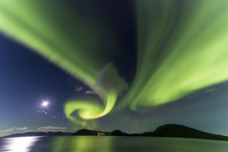 Northern Lights, (Aurora borealis) at a fjord near Skjiervoya, September 2024, Lapland, Finnmark,