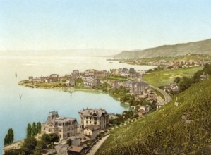 Montreux and Clarens, Geneva Lake, Switzerland, Historic, digitally restored reproduction from a