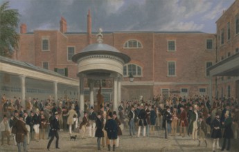 Epsom races, settlement day at Tattersalls, betting shops, horse betting, 1834, Historical,