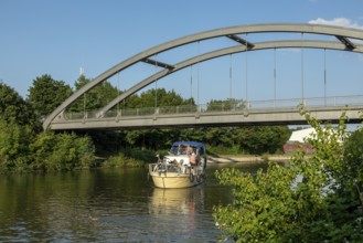 Boat, bridge, Mittellandkanal, Hanover, Lower Saxony, Germany, Europe