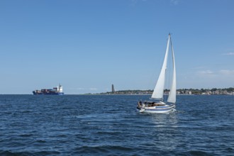 Container ship, sailing boat, naval memorial, Laboe, Schleswig-Holstein, Germany, Europe