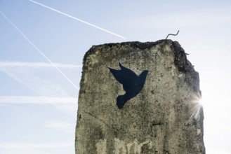 Monument, part of the Berlin Wall with dove of peace, Schengen, Canton of Remich, Luxembourg,