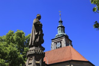 Regiomontanus Fountain on the market square and late Gothic, Evangelical-Lutheran St Mary's Church,