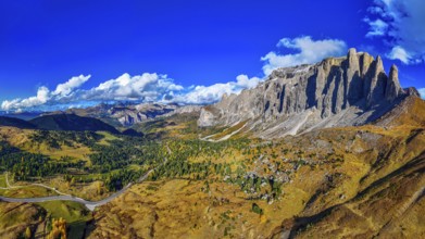 The peaks of the Puez Group, panoramic photo, drone photo, Val Gardena, Dolomites, Autonomous