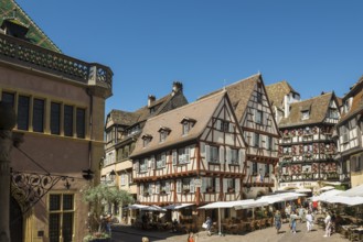 Half-timbered houses and restaurants in the old town, Colmar, Alsace, Bas-Rhin, France, Europe