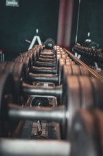 Lined up dumbbells reflected on a smooth surface in the fitness studio, Historic Fitness Studio,