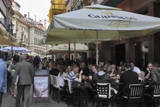 Bucharest, city centre, street scene in the historic old town, street cafes and restaurants,