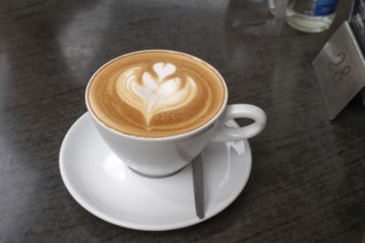 Cappuccino decorated with a flower on the foam served in a café, Bavaria Germany